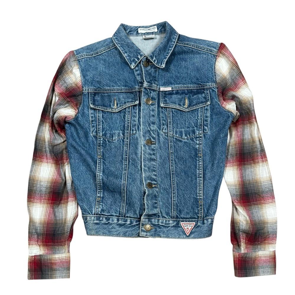 Vintage George Marciano for Guess Denim Vest w Flannel Plaid Sleeves Jacket Sz M